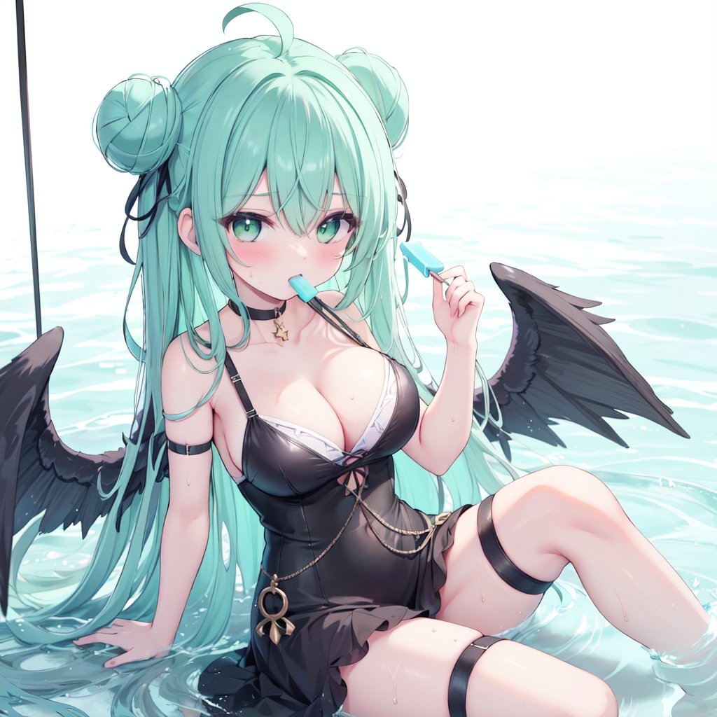 1girl, breasts, solo, food, wings, popsicle, black dress, long hair, dress, looking at viewer, green eyes, cleavage, hair bun, holding, sitting, green hair, choker, bangs, black choker, hair between eyes, strap slip, ahoge, holding food, thigh strap, very long hair, feathered wings, medium breasts, white wings, wind chime, blush, large breasts, bare shoulders, sweat, sleeveless dress, eating, water, aqua hair, sleeveless, angel wings, flower