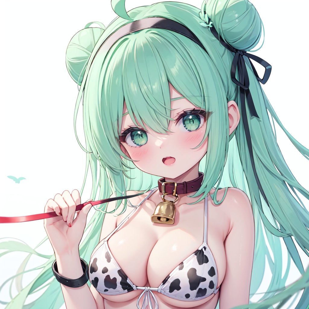 1girl,breasts,solo,swimsuit,cow print,animal print,bikini,hair bun,bell,long hair,single side bun,single hair bun,leash,white background,neck bell,ahoge,blush,green eyes,cleavage,upper body,collar,looking at viewer,simple background,medium breasts,aqua hair,hairband,bare shoulders,open mouth,bangs,ribbon,viewer holding leash,cowbell,white bikini,print bikini,collarbone,front-tie bikini top,front-tie top,hand up,