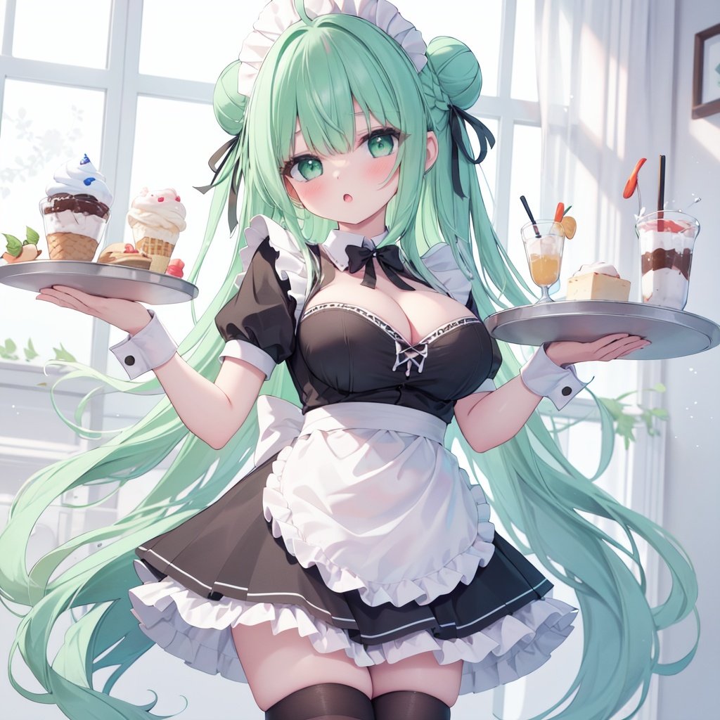 1girl, breasts, solo, green eyes, apron, maid headdress, cleavage, dress, long hair, maid, tray, short sleeves, hair bun, thighhighs, holding, holding tray, puffy sleeves, green hair, looking at viewer, bangs, puffy short sleeves, bow, blush, frills, wings, white thighhighs, black dress, white apron, wrist cuffs, maid apron, medium breasts, very long hair, single hair bun, frilled apron, large breasts, ahoge, parted lips, frilled dress, food, aqua hair, braid, ice cream, :o