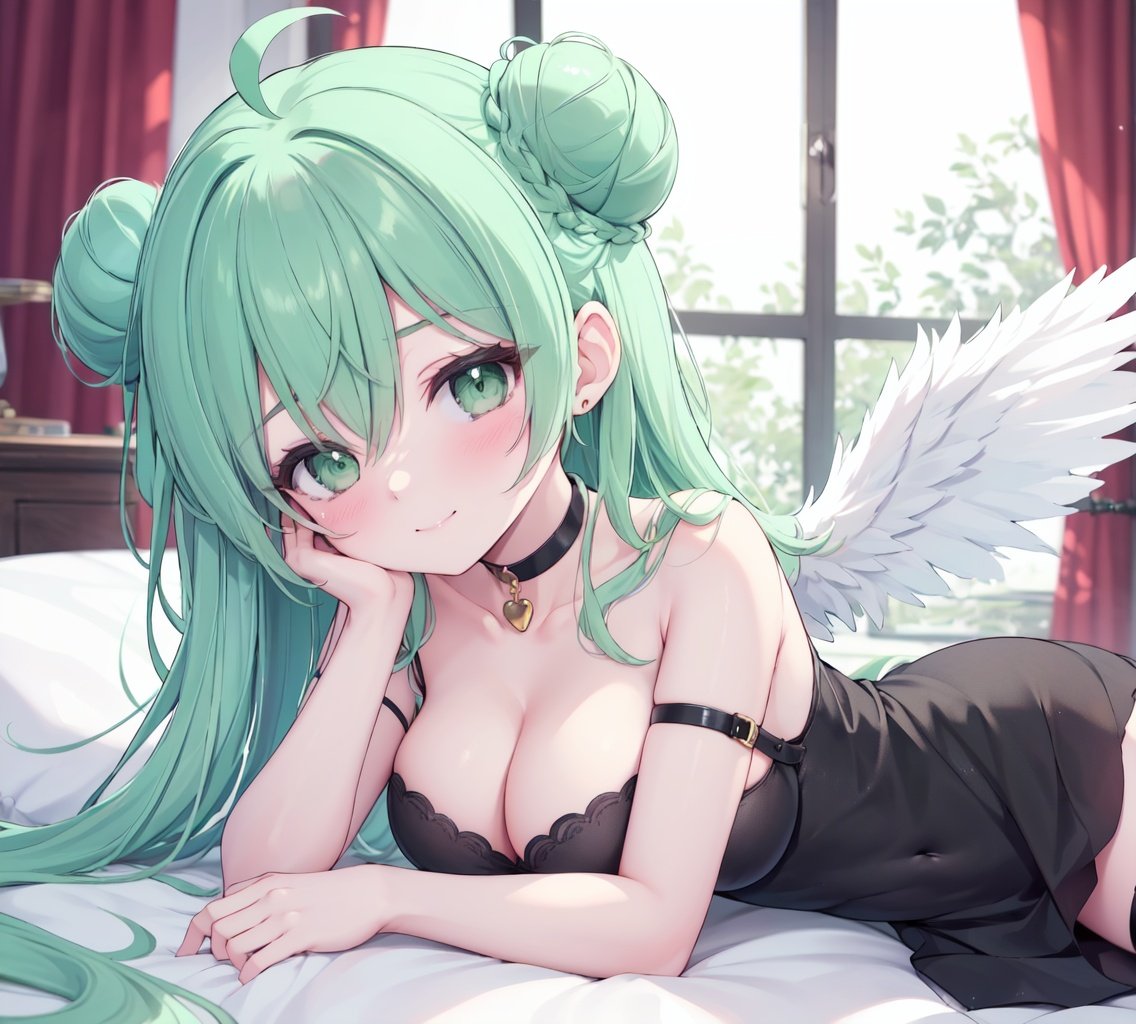 1girl,solo,breasts,green eyes,cleavage,green hair,pillow,lying,long hair,window,closed mouth,wings,curtains,hair bun,looking at viewer,on side,blush,bangs,smile,bare shoulders,indoors,dress,large breasts,ahoge,braid,choker,black dress,single hair bun,strap slip,black choker,thigh strap,hair between eyes,heart,object hug,feathered wings,white wings,medium breasts,bare arms,single side bun,see-through,very long hair,