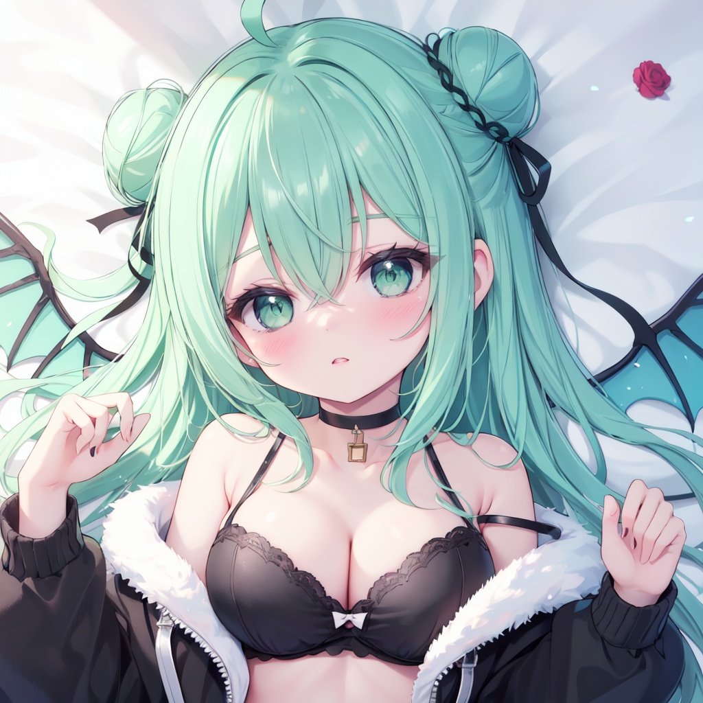 1girl, solo, breasts, green eyes, lying, flower, on back, cleavage, long hair, looking at viewer, rose, wings, green hair, hair bun, choker, underwear, open clothes, large breasts, braid, barefoot, panties, black panties, thigh strap, bare shoulders, ahoge, bangs, parted lips, jacket, single side bun, open jacket, black dress, black choker, single hair bun, blush, dress, off shoulder, long sleeves, cardigan, bed sheet, ribbon, hair between eyes, collarbone, feathered wings, covered navel, petals, aqua hair, strap slip