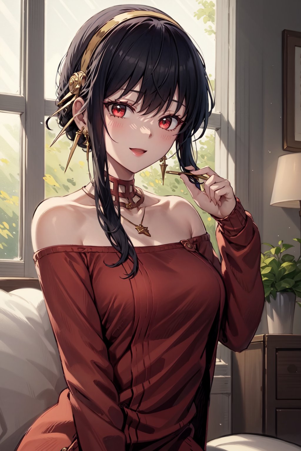 (masterpiece,  best quality), upper body,  light rays,  day,  looking at viewer,  1girl,  depth of field, YorForger, red eyes,  bangs,  white hairband,  necklace,  earrings,  red dress,  red off-shoulder sweater,  sweater,  bare neck,  red skirt,  pencil skirt,  pantyhose,  bare shoulder,  long sleeves,  smile,  open mouth,  living room,  windows, sweater dress, <lora:EMS-81579-EMS:1.000000>, , <lora:EMS-80409-EMS:0.800000>