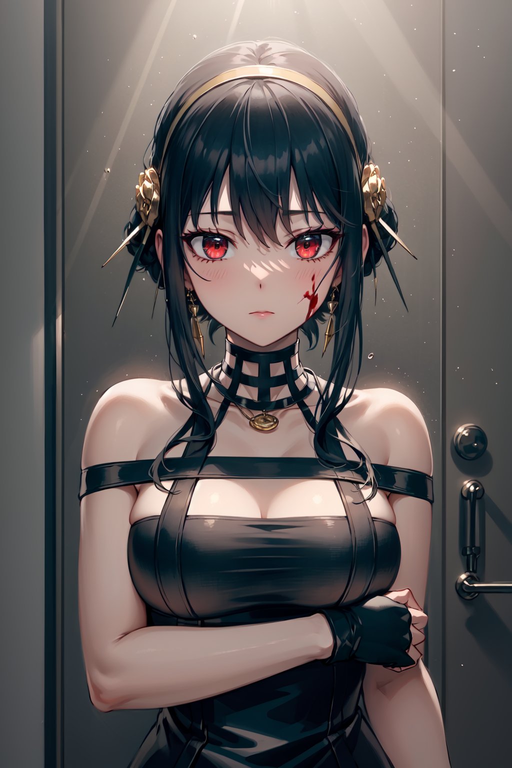 (masterpiece,  best quality), upper body,  light rays,  day,  looking at viewer,  1girl,  depth of field, YorForger, red eyes,  bangs,  gold hairband,  hair ornament,  necklace,  gold earrings,  choker,  black dress,  black footwear,  black gloves,  black panties,  black thighhighs,  boots,  fingerless gloves,  bare shoulder,  sleeveless,  expressionless,  blood_on_face,  midnight, <lora:EMS-81579-EMS:1.000000>