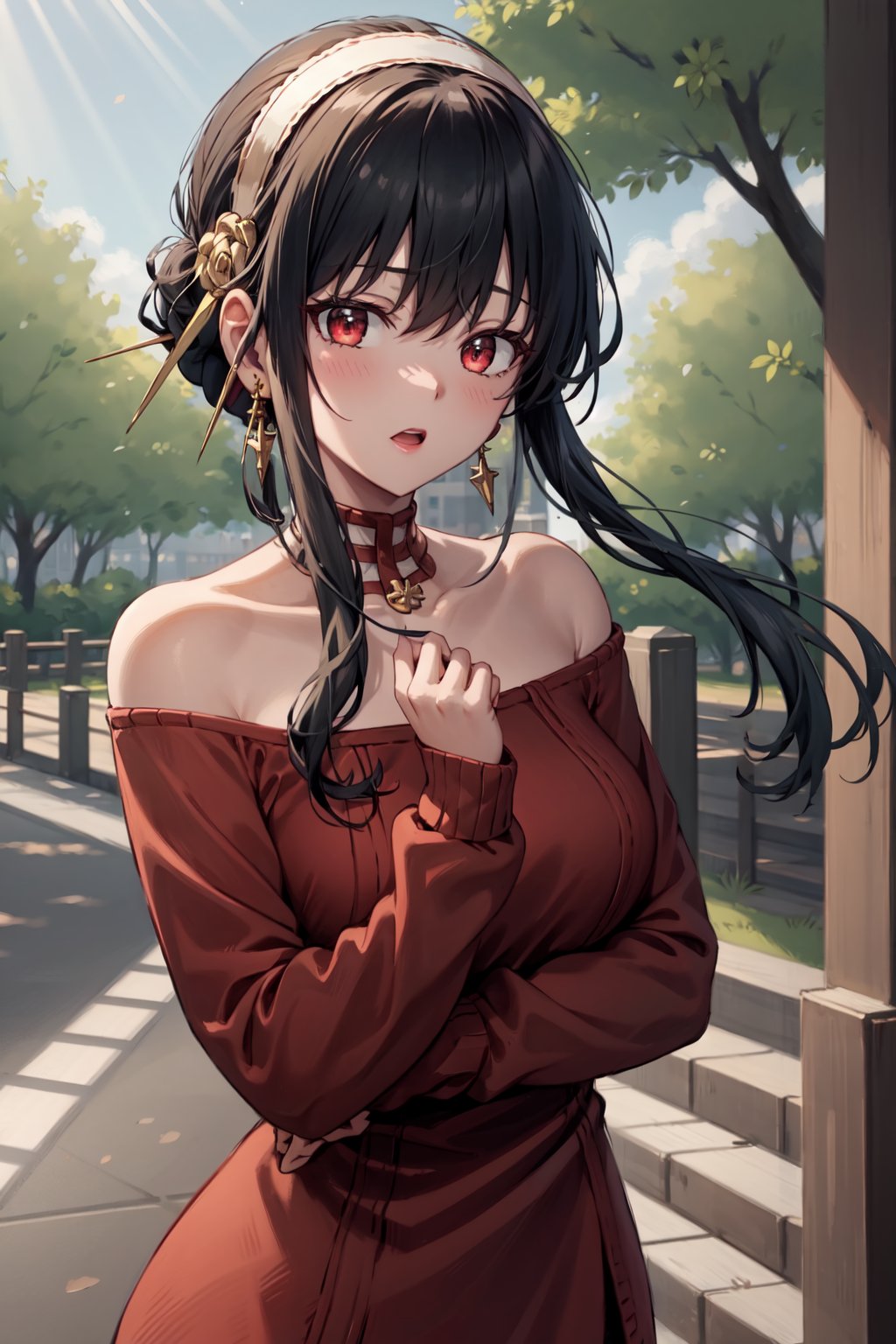 (masterpiece,  best quality), upper body,  light rays,  day,  looking at viewer,  1girl,  depth of field, YorForger, red eyes,  bangs,  (white hairband:1.3),  long hair,  earrings,  red dress,  red off-shoulder sweater,  sweater,  bare neck,  red skirt,  pencil skirt,  pantyhose,  bare shoulder,  long sleeves,  open mouth,  outdoors,  park,  trees, sweater dress, <lora:EMS-81579-EMS:0.800000>, , <lora:EMS-80409-EMS:0.800000>