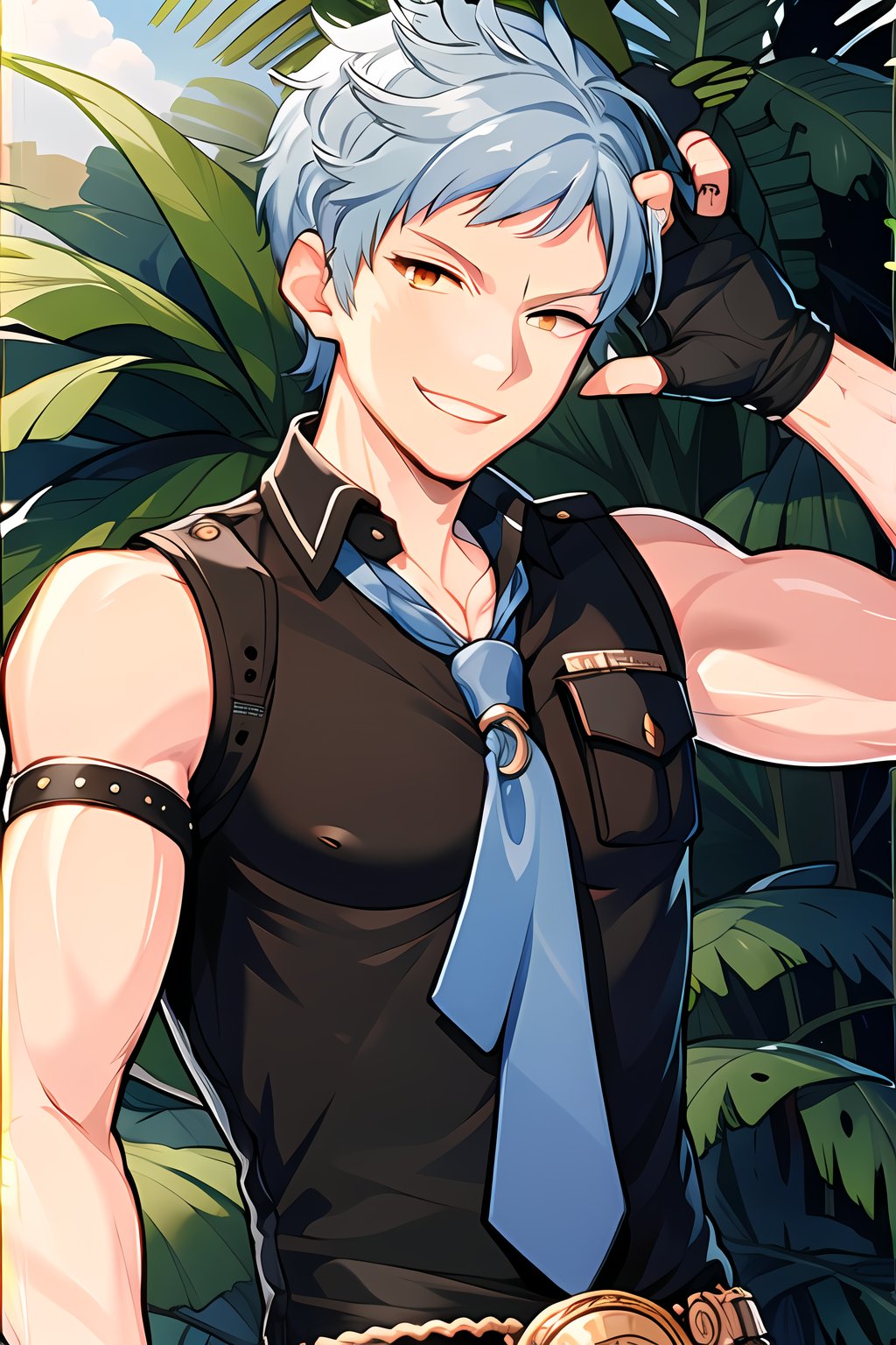 masterpiece, best quality,Looking at viewer, solo, male, outdoors, smile, upper_body, Asch_Albright, blue hair,Orange eyes, arm muscles, abs, pectoralis, muscle,black sleeveless_shirt