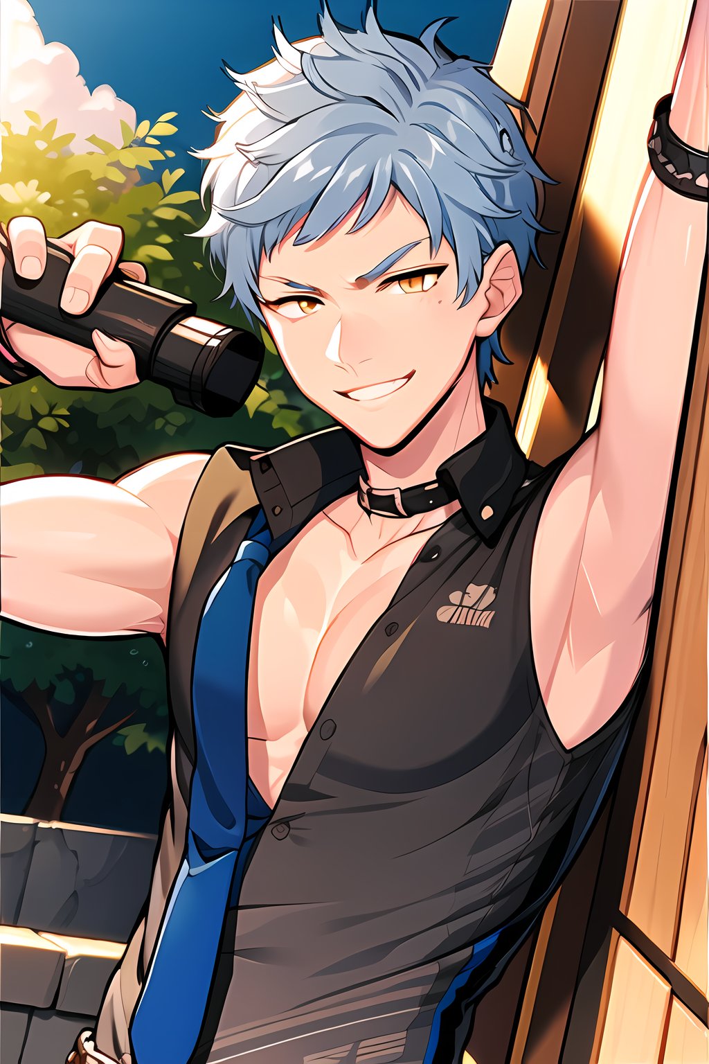 Looking at viewer, solo, male, outdoors, smile, upper_body, Asch_Albright, blue hair,Orange eyes, arm muscles, abs, pectoralis, muscle,sleeveless_shirt