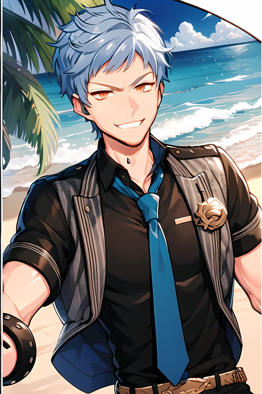 masterpiece, best quality,Looking at viewer, solo, male, outdoors, smile, upper_body, Asch_Albright, blue hair,Orange eyes, arm muscles, abs, pectoralis, muscle, black shirt, open shirt, necktie, beach,