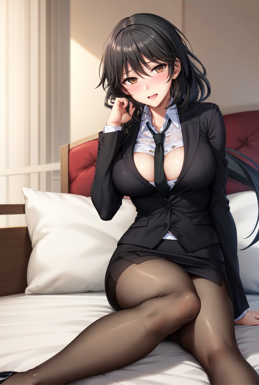  (masterpiece, best quality:1.0), highly detailed, intricate detail, 1girl , solo,(medium boobs:1.2,embarrassed, blush),
Lie on one's side,look aiming at viewer, lie on bed,
,high heels, head rest,  ,   CHIFUYUORIMURA, MATURE FEMALE, LONG HAIR, VERY LONG HAIR, PONYTAIL, LOW PONYTAIL
FORMAL, NECKTIE, SKIRT SUIT, SUIT, JACKET, SHIRT, PENCIL SKIRT, BLACK PANTYHOSE, 