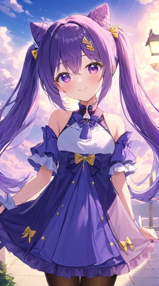 <lora:keqing:1>keqing, 1girl, best quality, extremely detailed face, perfect lighting,solo,long hair, looking at viewer, cat hair bun, twintails, purple hair, purple eyes, pantyhose, bangs, detached sleeves, sky, hair ornament, blush, hair bow, cloud, hair between eyes,  outdoors, dress, bow, bare shoulders, cone hair bun, smile