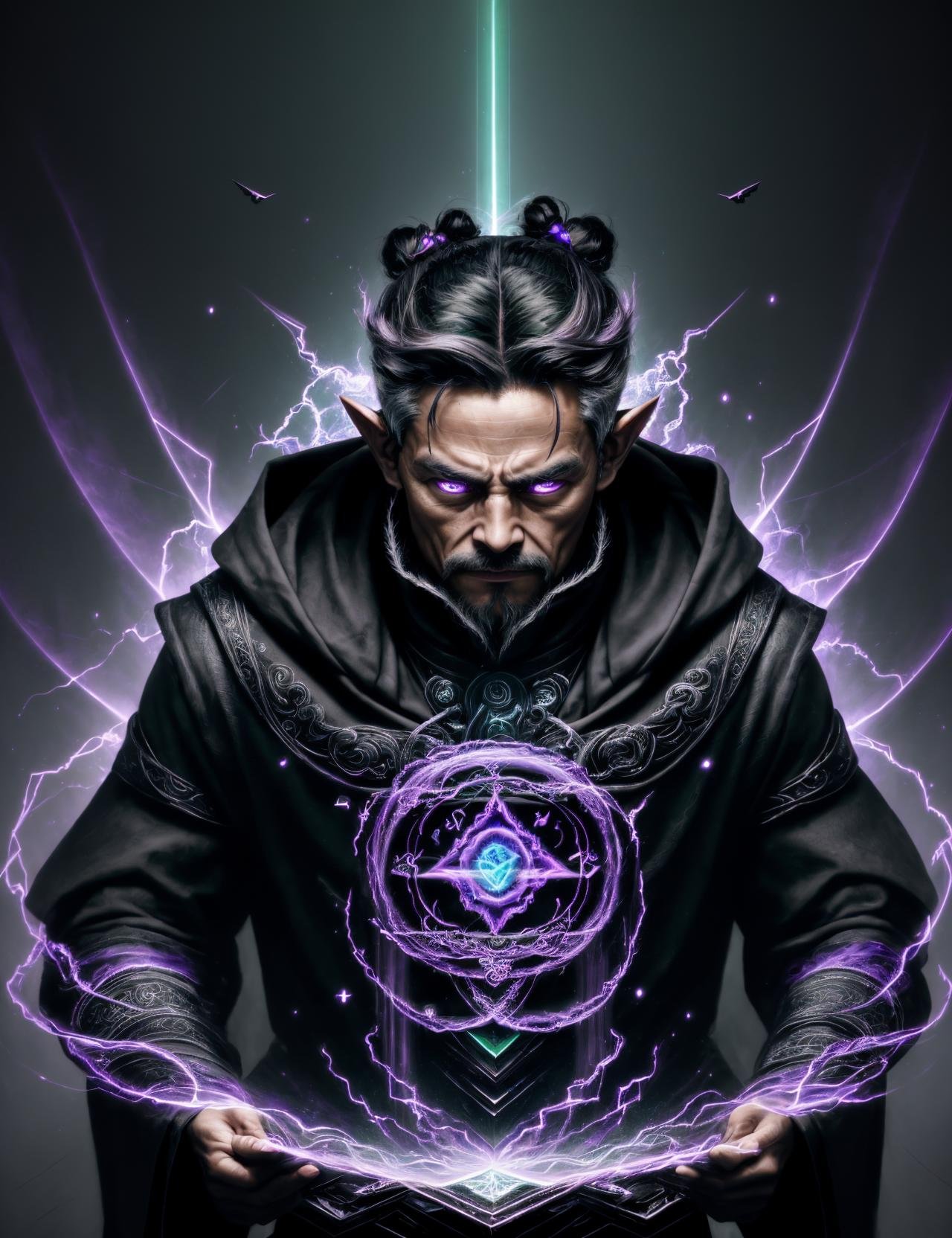 ((best quality)), ((masterpiece)), ((realistic,digital art)), (hyper detailed),DonMD34thM4g1c4tt1r3  Spellcaster,Geriatric Voluminous, Pacific Islander, Steel gray eyes, Split Ears,      Oblong face shape, Elegantly Arched Feet, , Lilac Man bun hair, Relief,,  Elemental Channeling, Fingers pointed to control elemental energies<lora:DonMD34thM4g1c4tt1r3-000009:0.85>