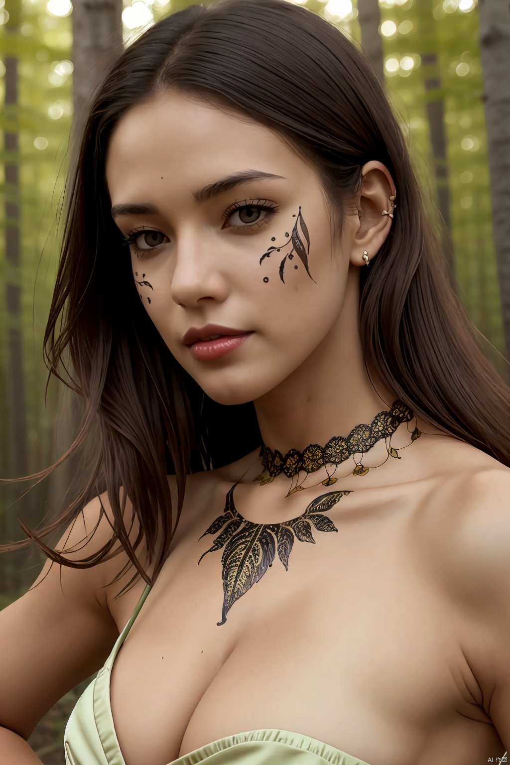  1girl, solo, brown_hair, hair_ornament, dress, bare_shoulders, brown_eyes, collarbone, upper_body, dark_skin, dark-skinned_female, lips, leaf, facial_mark, nature, forest, realistic, facepaint