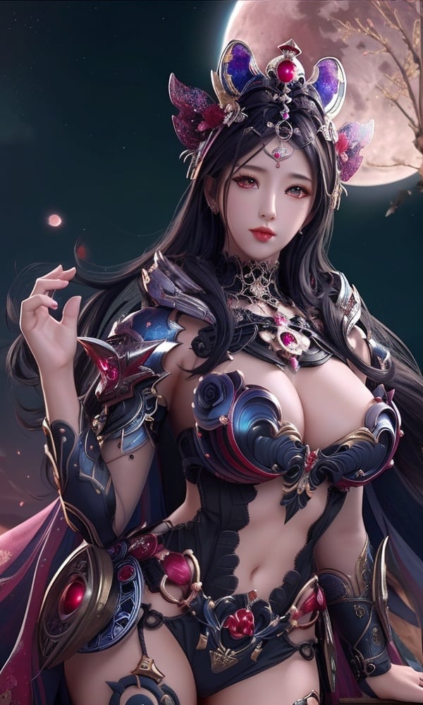 (,1girl, ,best quality, )<lora:DA_甄姬-蝶仙战舞-铁甲雄兵:0.7>,, ,masterpiece, fantasy, realistic,science fiction,mole, ultra realistic 8k cg, ,tamari \(flawless\),  medium breasts,red moon, black rose,     (()), (),