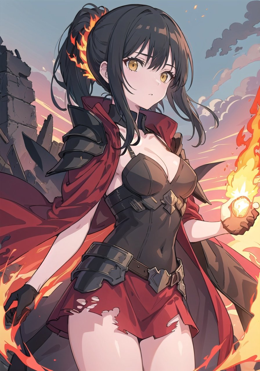 (black obsidian armor:1.17), (exquisite engraved), 1 girl, Gray skin, (Long black hair), ponytail, hair cord, (cowboy shot), (cool), cleavage(detailed light), (an extremely delicate and beautiful), volume light, best shadow, Depth of field, dynamic angle, Oily skin, (torn red cloak<(Powerful explosion and flame)>)(Grey fog, ruins in fog)(yellow carved)(explosion ruins, flying stones), (Velocity line:1.2), (Powerful explosion background)<lora:kl-通用风景优化-V3:0.6>
