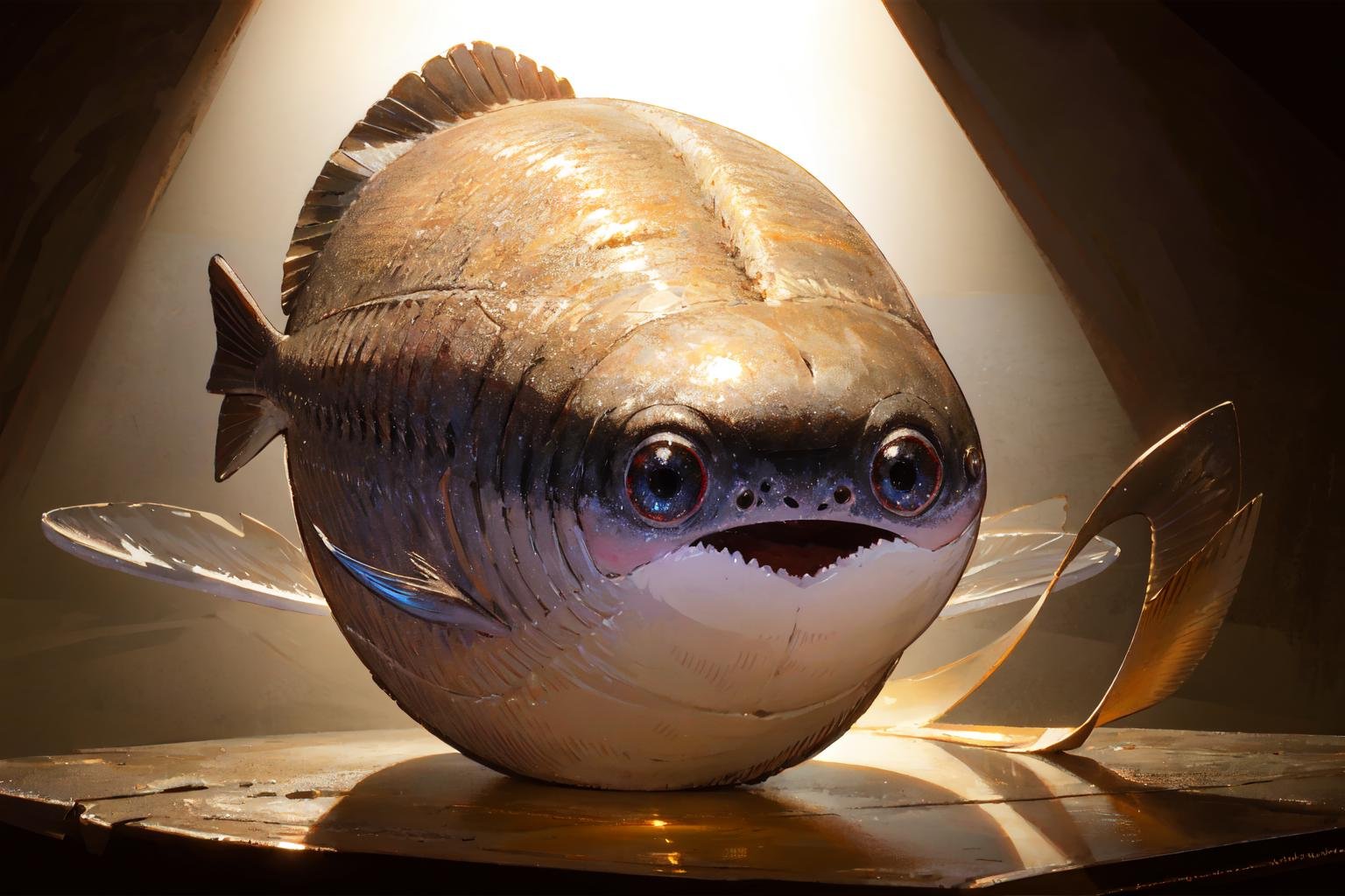 good detailed, (glowing background),best quality, wide-angle Hyperdetailed, masterpiece, 8k, natural lighting, soft lighting, sunlight, HDR (High Dynamic Range), Maximum Clarity And Sharpness, Multi-Layered Textures, <lora:Sacabambaspis-000001:1> sacabambaspis,1 fish