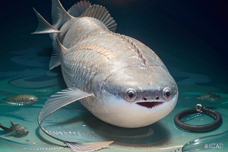 good detailed, (glowing background),best quality, wide-angle Hyperdetailed, masterpiece, 8k, natural lighting, soft lighting, sunlight, HDR (High Dynamic Range), Maximum Clarity And Sharpness, Multi-Layered Textures, <lora:Sacabambaspis-000001:1> sacabambaspis,1 very long fish,gray and white,ocean,