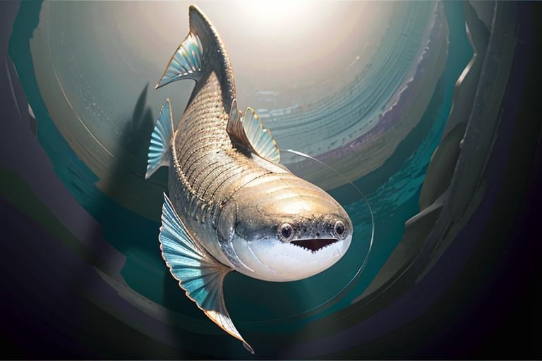 good detailed, (glowing background),best quality, wide-angle Hyperdetailed, masterpiece, 8k, natural lighting, soft lighting, sunlight, HDR (High Dynamic Range), Maximum Clarity And Sharpness, Multi-Layered Textures, <lora:Sacabambaspis-000001:1> sacabambaspis,1 very long fish,gray and white,ocean,