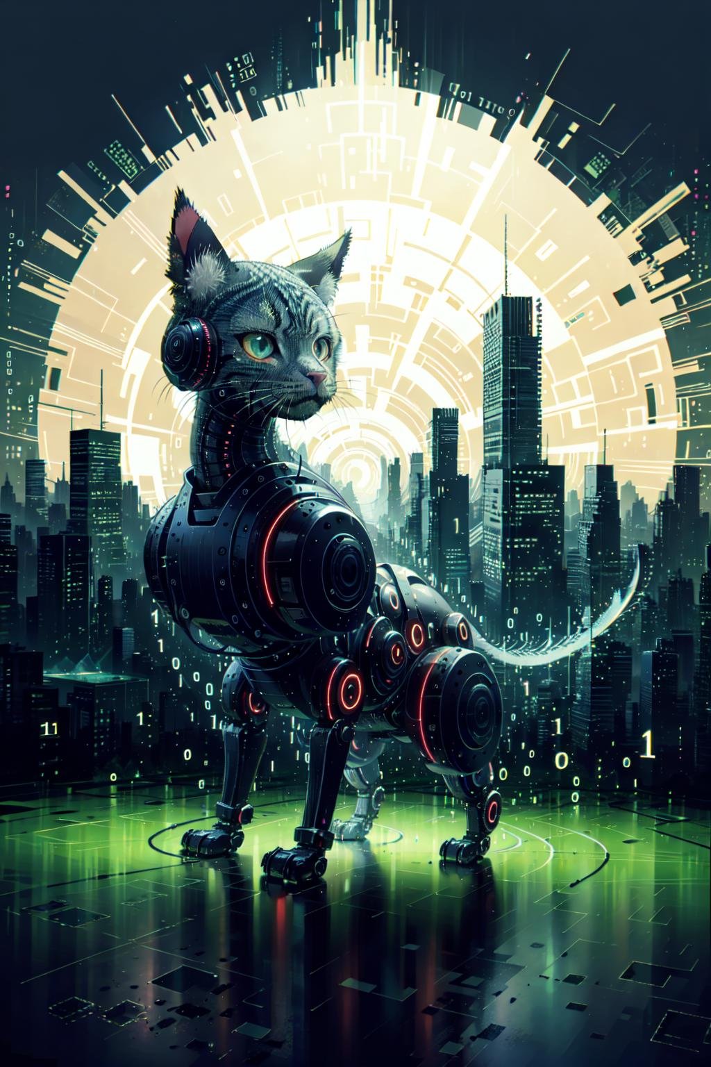 robot cat, binary code, digital art,only zero and one, <lora:binarycode:1>