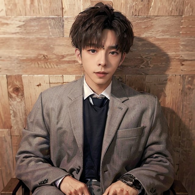 1 male,asian, closeup portrait photo ,(extremely detailed face), looking_at_viewer , (half body ), short hair,(grey plain background), wearing a suit and tie, brown_hair,Extremely Realistic,