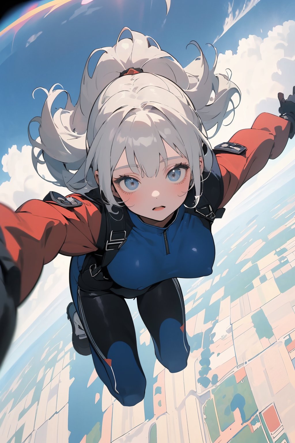 (masterpiece, best quality, highres:1.3), ultra resolution image, niji, sketch, manga, 1girl, skydiving, clouds,niji