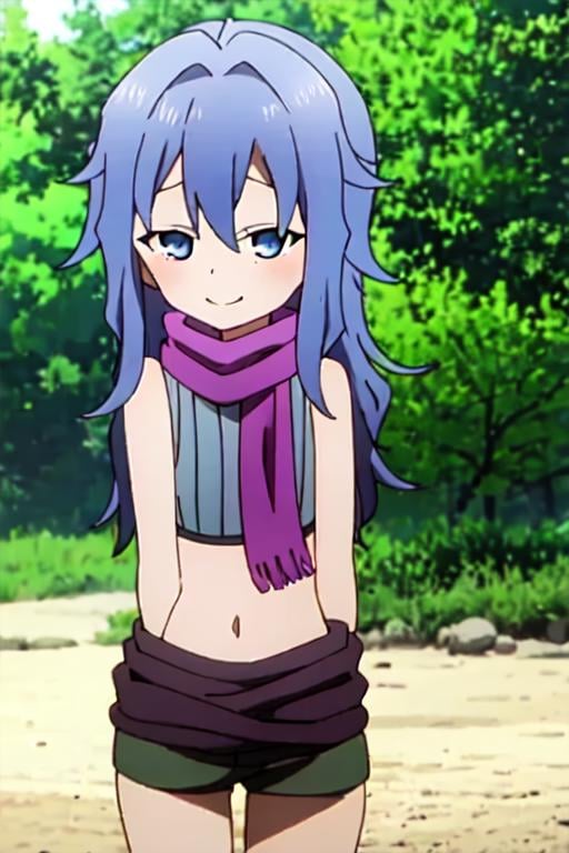 masterpiece, high quality, best quality, <lora:kunoichi_hagi:1> 1girl, solo, blue hair, long hair, blue eyes, looking at viewer, smile, blush, purple scarf, sleeveless, crop top, shorts, 