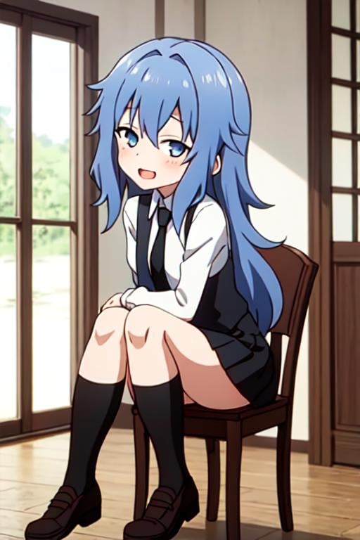 masterpiece, high quality, best quality, <lora:kunoichi_hagi:0.7> 1girl, solo, blue hair, long hair, blue eyes, looking at viewer, smile, open mouth, blush, black suit, black skirt, miniskirt, black necktie, sitting, chair