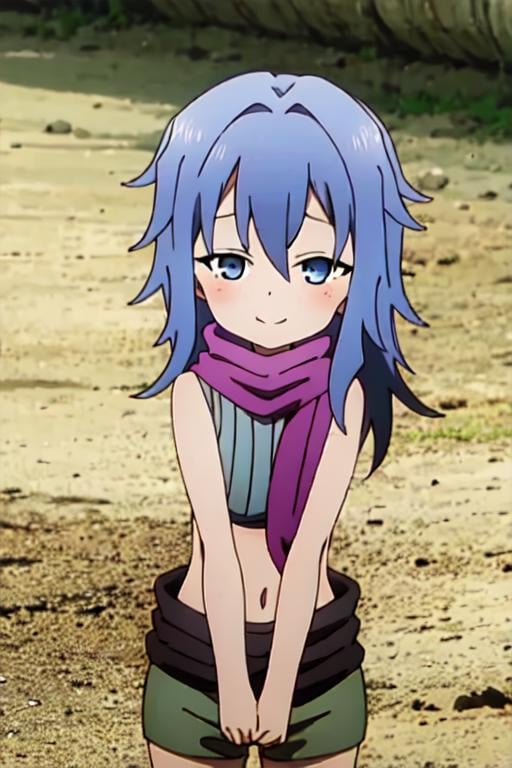 masterpiece, high quality, best quality, <lora:kunoichi_hagi:1> 1girl, solo, blue hair, long hair, blue eyes, looking at viewer, smile, blush, purple scarf, sleeveless, crop top, shorts, 