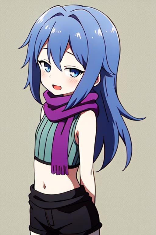 masterpiece, high quality, best quality, <lora:kunoichi_hagi:0.7> 1girl, solo, blue hair, long hair, blue eyes, looking at viewer, smile, open mouth, blush, purple scarf, sleeveless, crop top, shorts, arms behind back, 