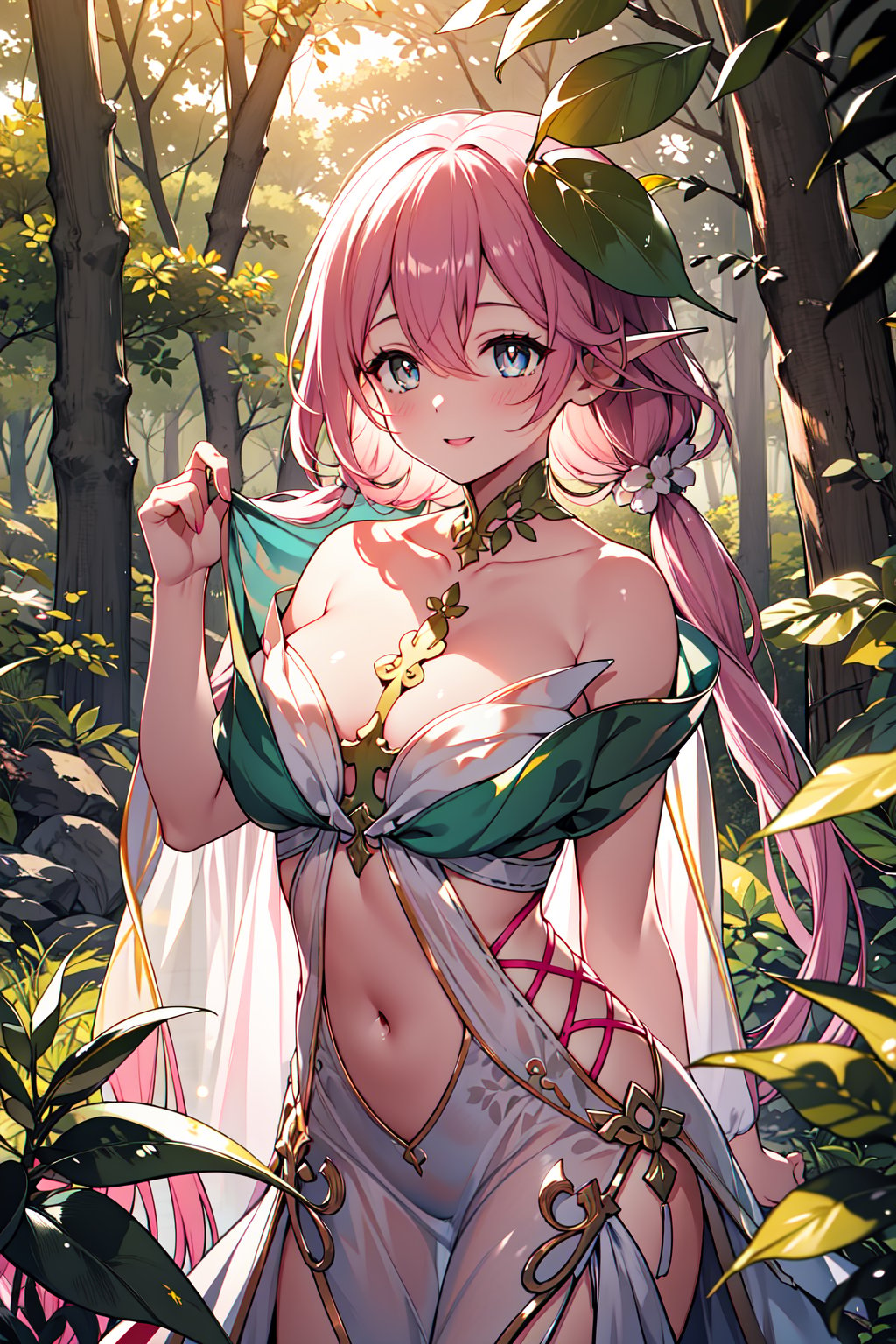(masterpiece,  best quality),  (extremely detailed CG),  (best quality),  1girl,  perfect face,  bright pupils,  (finely detailed beautiful eyes),  shiny skin,  lustrous skin,  bare shoulders,  navel, yggdrasil \(gbf\),  (dress:1.5),  trees,  vegetation,  leaves,  dense forest,  moisture,  mold, forest,  bare tree, jellyfishforest,  (covered navel:1.5),  smile, <lora:EMS-81716-EMS:0.800000>, , <lora:EMS-10308-EMS:0.600000>