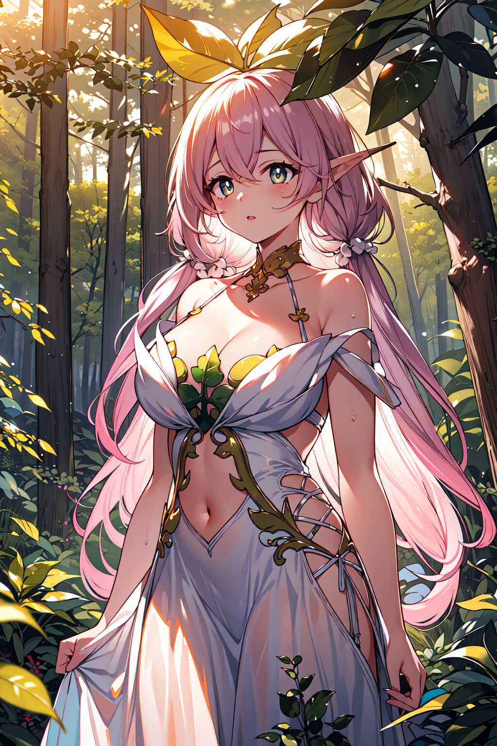 (masterpiece,  best quality),  (extremely detailed CG),  (best quality),  1girl,  perfect face,  bright pupils,  (finely detailed beautiful eyes),  shiny skin,  lustrous skin,  bare shoulders,  navel, yggdrasil \(gbf\),  (dress:1.5),  trees,  vegetation,  leaves,  dense forest,  moisture,  mold, forest,  bare tree, jellyfishforest, <lora:EMS-81716-EMS:0.800000>, , <lora:EMS-10308-EMS:0.600000>
