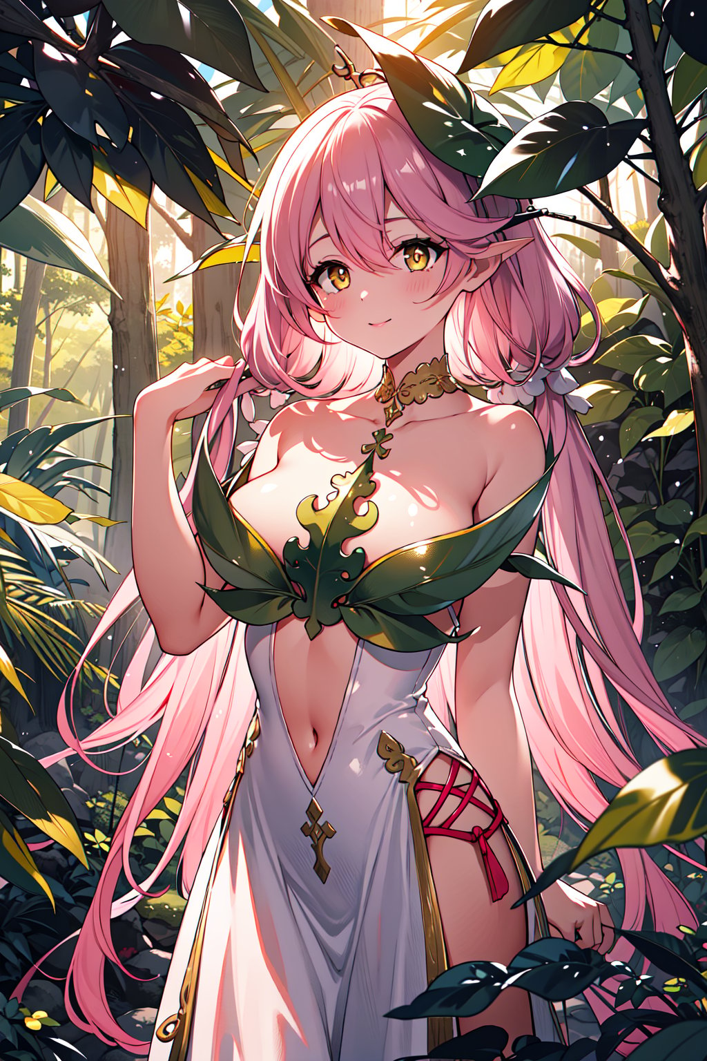 (masterpiece,  best quality),  (extremely detailed CG),  (best quality),  1girl,  perfect face,  bright pupils,  (finely detailed beautiful eyes),  shiny skin,  lustrous skin,  bare shoulders,  navel, yggdrasil \(gbf\),  (dress:1.5),  trees,  vegetation,  leaves,  dense forest,  moisture,  mold, forest,  bare tree,  (covered navel:1.7),  smile,  yellow eyes,  pink hair, <lora:EMS-81716-EMS:0.900000>, , <lora:EMS-10308-EMS:0.600000>