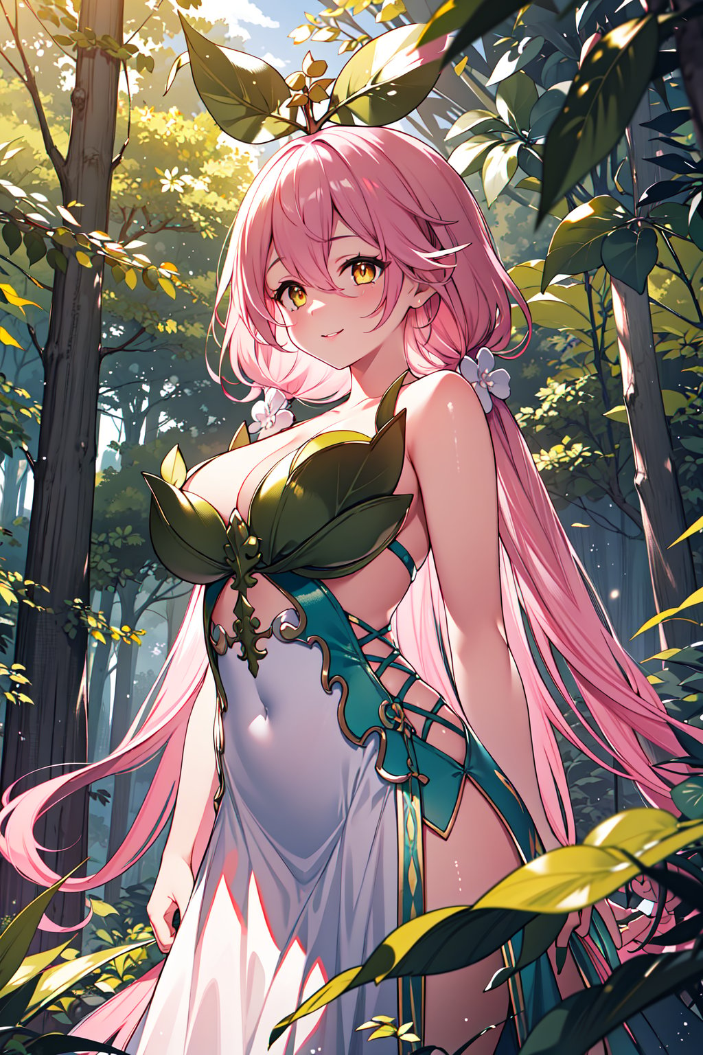 (masterpiece,  best quality),  (extremely detailed CG),  (best quality),  1girl,  perfect face,  bright pupils,  (finely detailed beautiful eyes),  shiny skin,  lustrous skin,  bare shoulders,  navel, yggdrasil \(gbf\),  (dress:1.5),  trees,  vegetation,  leaves,  dense forest,  moisture,  mold, forest,  bare tree,  (covered navel:1.7),  smile,  yellow eyes,  pink hair, <lora:EMS-81716-EMS:0.900000>, , <lora:EMS-10308-EMS:0.500000>