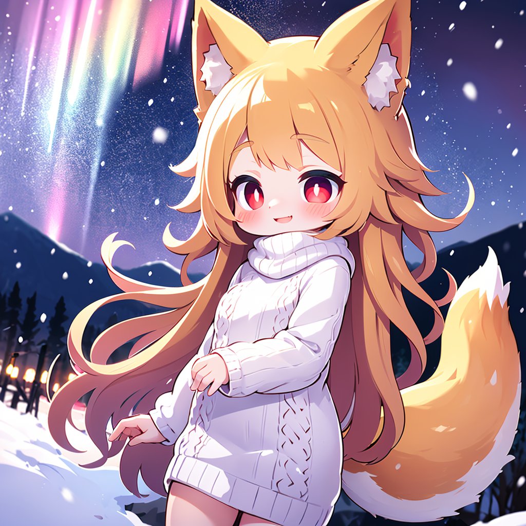 vibrant colors, girl, masterpiece, sharp focus, best quality, depth of field, cinematic lighting, blond hair, red eyes, extremely long hair, blush, smile, white sweater, outdoors, snowfield, snowy mountains, landscape, snowing, radial aurora, fox ear, tail