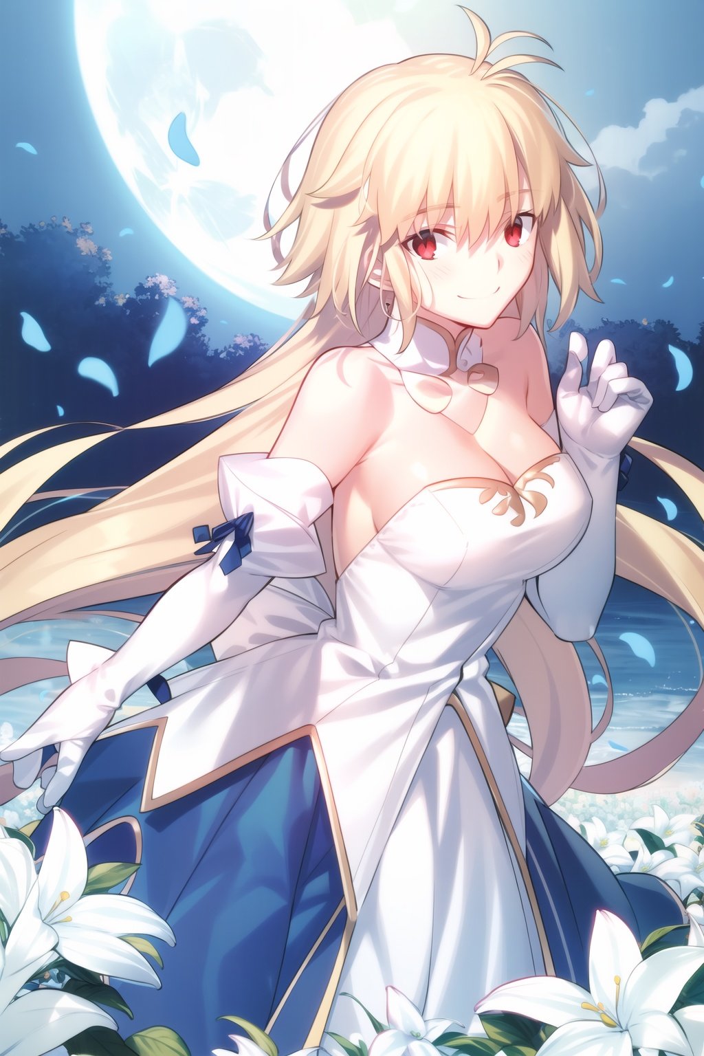  arcueid \(tsukihime\), archetype earth \(hime\), 1girl, bare shoulders, blush, breasts, cleavage, detached collar, detached sleeves, two-tone strapless sleeveless hime dress, field, flower, flower field, full moon, gloves, large breasts, looking at viewer, moon, night, night sky, petals, sky, smile, solo, white gloves, , （long hair）, (masterpiece, best quality), perfect lighting, ,takeuchi takashi,8k