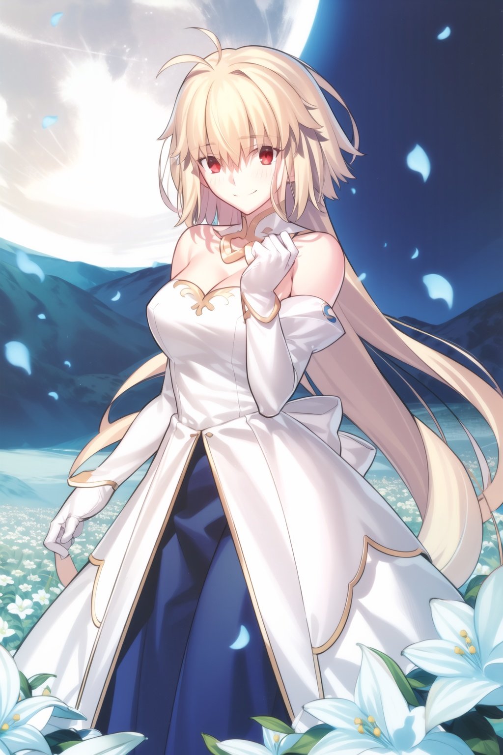  arcueid \(tsukihime\), archetype earth \(hime\), 1girl, bare shoulders, blush, breasts, cleavage, detached collar, detached sleeves, two-tone strapless sleeveless hime dress, field, flower, flower field, full moon, gloves, large breasts, looking at viewer, moon, night, night sky, petals, sky, smile, solo, white gloves, , （long hair）, (masterpiece, best quality), perfect lighting, ,takeuchi takashi,8k