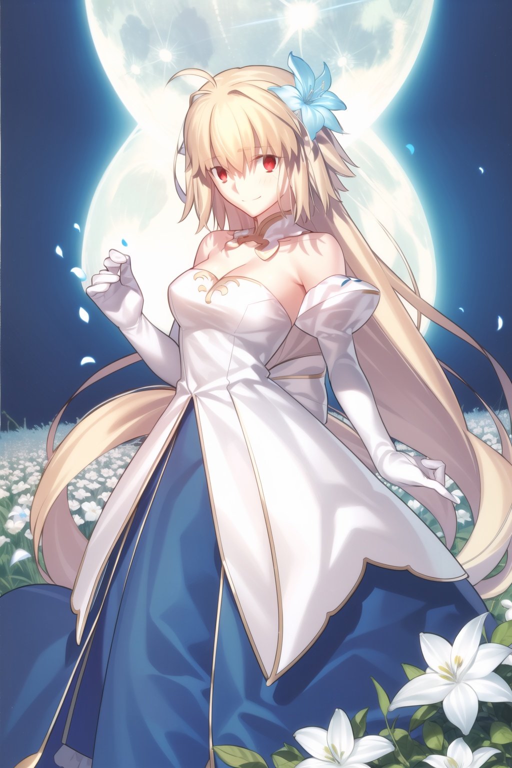  arcueid \(tsukihime\), archetype earth \(hime\), 1girl, bare shoulders, blush, breasts, cleavage, detached collar, detached sleeves, two-tone strapless sleeveless hime dress, field, flower, flower field, full moon, gloves, large breasts, looking at viewer, moon, night, night sky, petals, sky, smile, solo, white gloves, , （long hair）, (masterpiece, best quality), perfect lighting, ,takeuchi takashi,8k