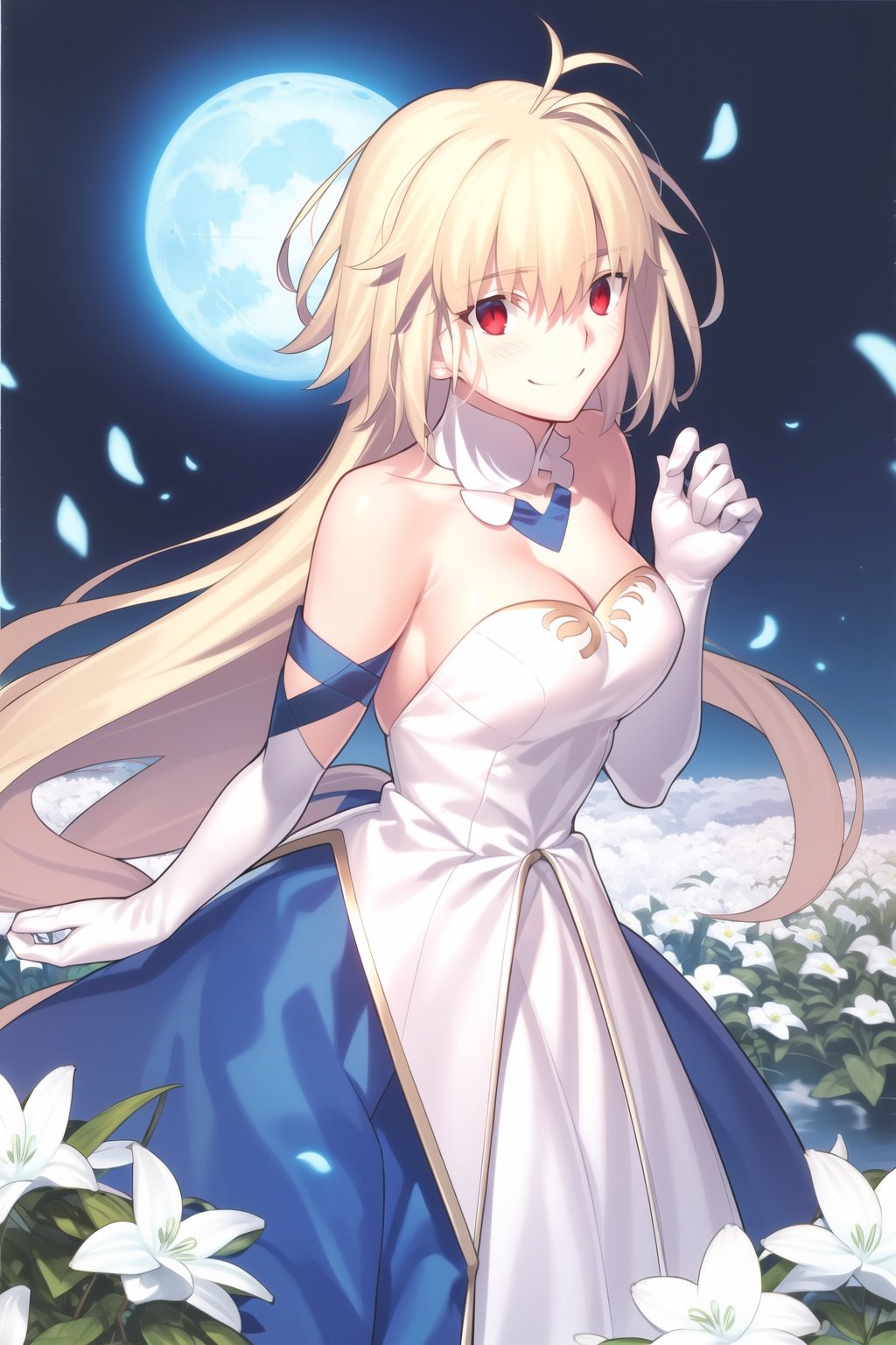  arcueid \(tsukihime\), archetype earth \(hime\), 1girl, bare shoulders, blush, breasts, cleavage, detached collar, detached sleeves, two-tone strapless sleeveless hime dress, field, flower, flower field, full moon, gloves, large breasts, looking at viewer, moon, night, night sky, petals, sky, smile, solo, white gloves, , long hair, (masterpiece, best quality), perfect lighting, ,takeuchi takashi,Takeuchi style