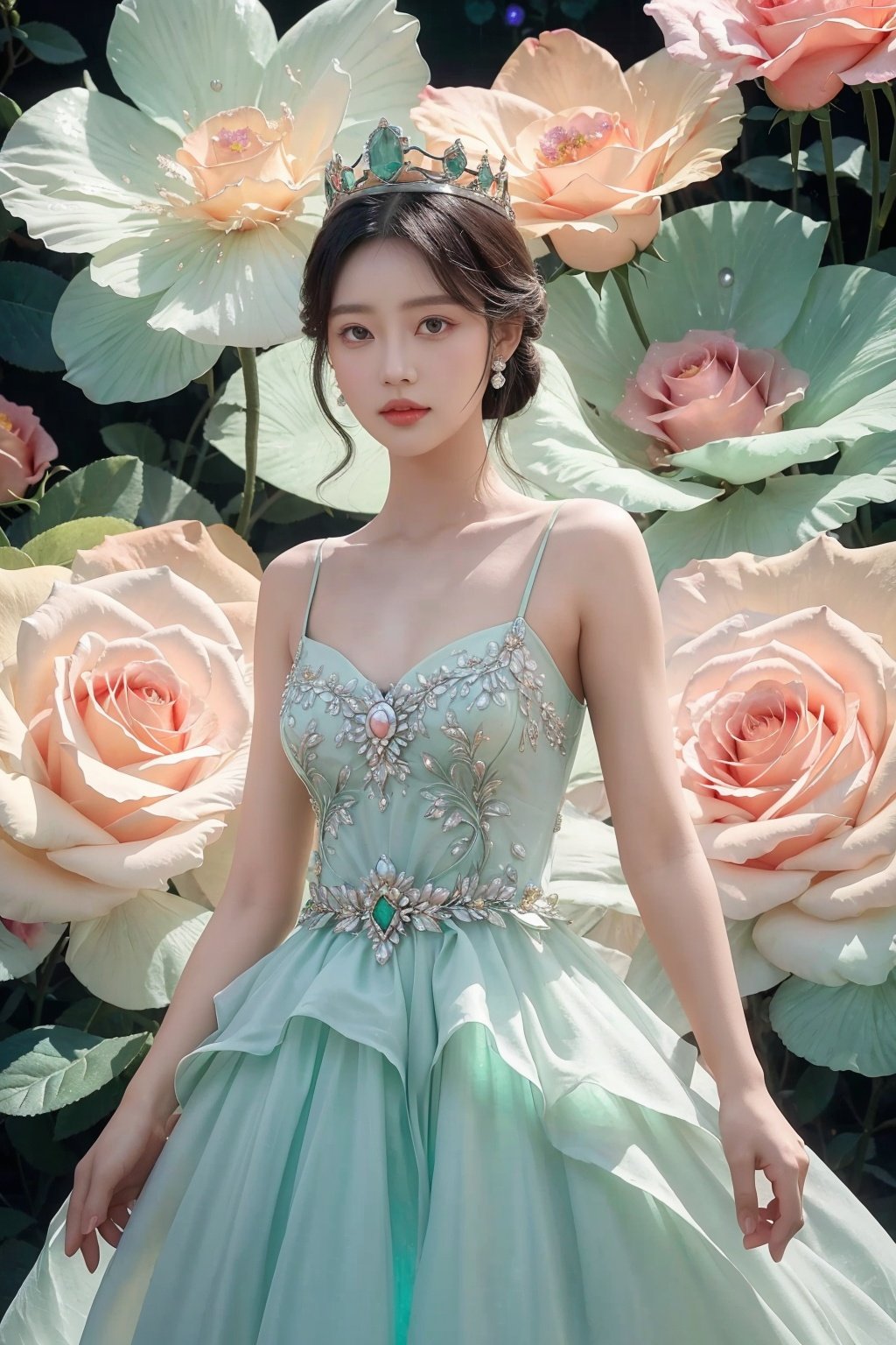  masterpiece, Roses, Roses, Gem, Luminescence, Pearl, Agate, Emerald, Jade stone, princess, Crown, Huge flowers, Flower, Flowers, Flowers, Flowers, Black dress, Medium chest, Lovely, Big eyes, anatomically correct, high details, best quality, HD, 16k