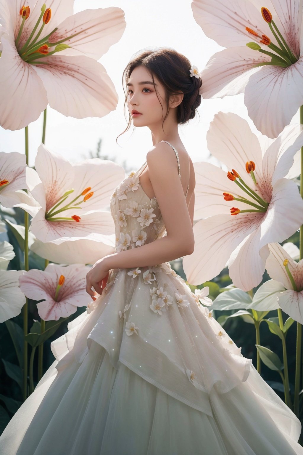  Bestquality, masterpiece, 1girl, beautiful_face, eyebrows_visible_through_hair, lily_\(flower\), dress, holding_flower, from_side, sparkling dress,