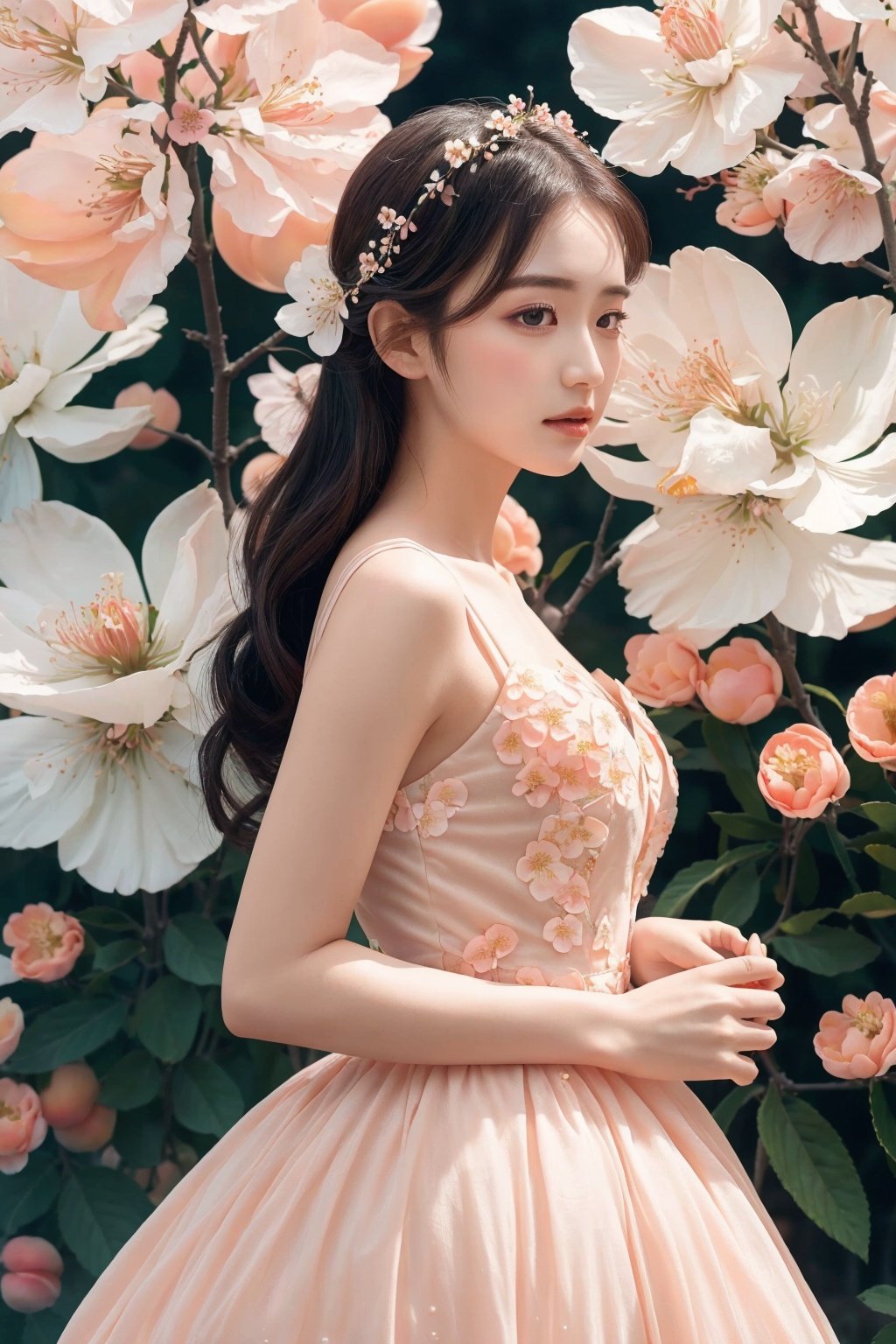  Bestquality, masterpiece, 1girl, beautiful_face, eyebrows_visible_through_hair, lily_\(flower\), dress, holding_flower, from_side, sparkling dress,Huge peach blossoms, Peach blossom, Peach blossom