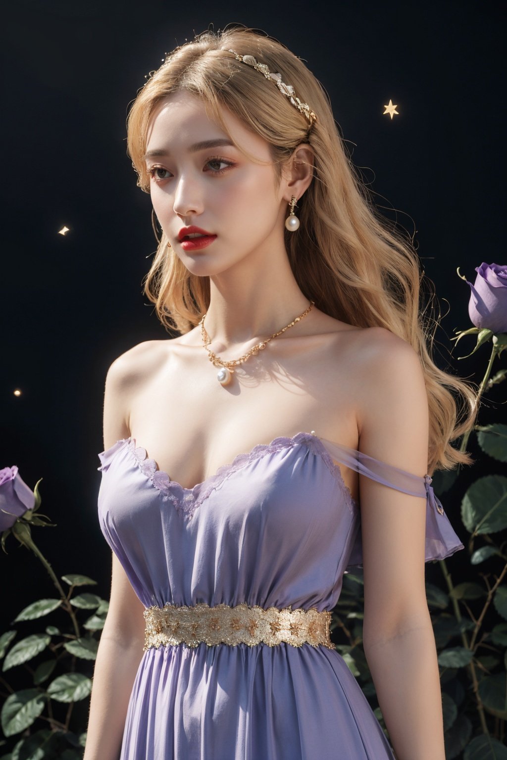 Masterpiece, a girl, off the shoulder, upper body photo, rose, rose, gemstone, glow, pearl, agate, emerald, jade, huge purple rose, huge blue rose, huge rose, rose, purple rose, purple translucent dress, high definition, 32k, Sagittarius, bow and arrow, solo, long hair, looking at the audience, blonde hair, dress, bare shoulders, jewelry, collarbone, upper body, earrings, parted lips, gold costume, necklace, lips, black background, luminous particles, stars, Sagittarius, realistic, red lips, gold