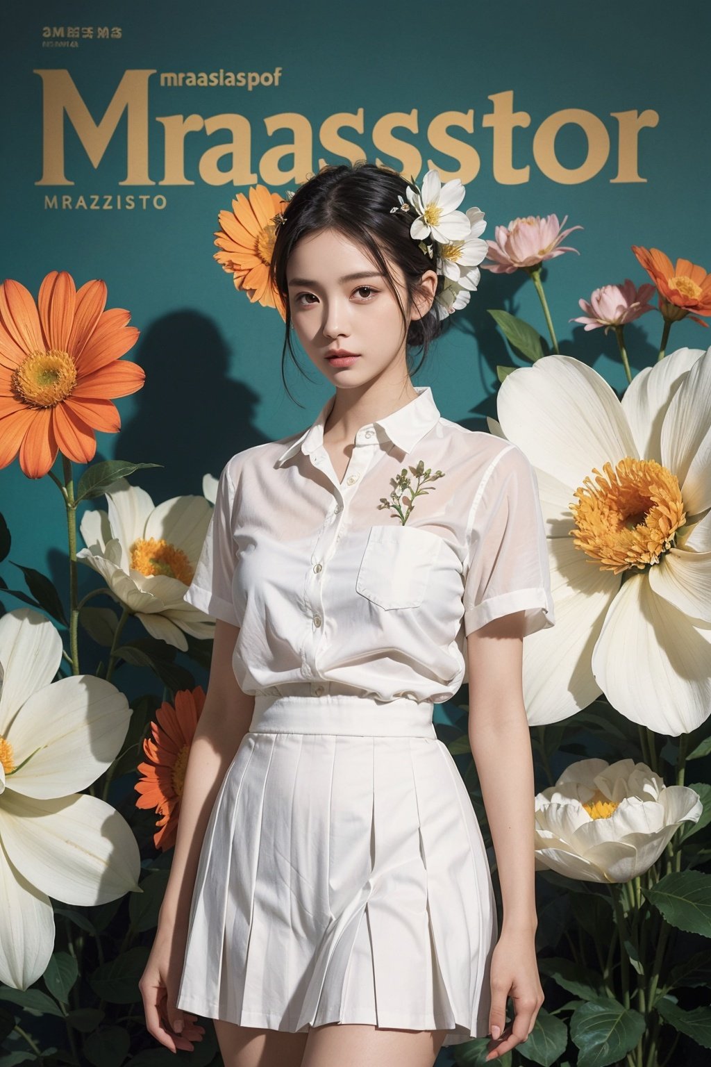  (masterpiece: 1.2), Magazine cover, A girl, Short black hair, Flowers, Flower hairpins, White short-sleeved shirt, Blue-black pleated skirt, masterpiece, The best quality, Wallpaper, Poster, 32k, Background of Flower Sea, fashion, sexy, HD, anatomically correct, best quality, 16k