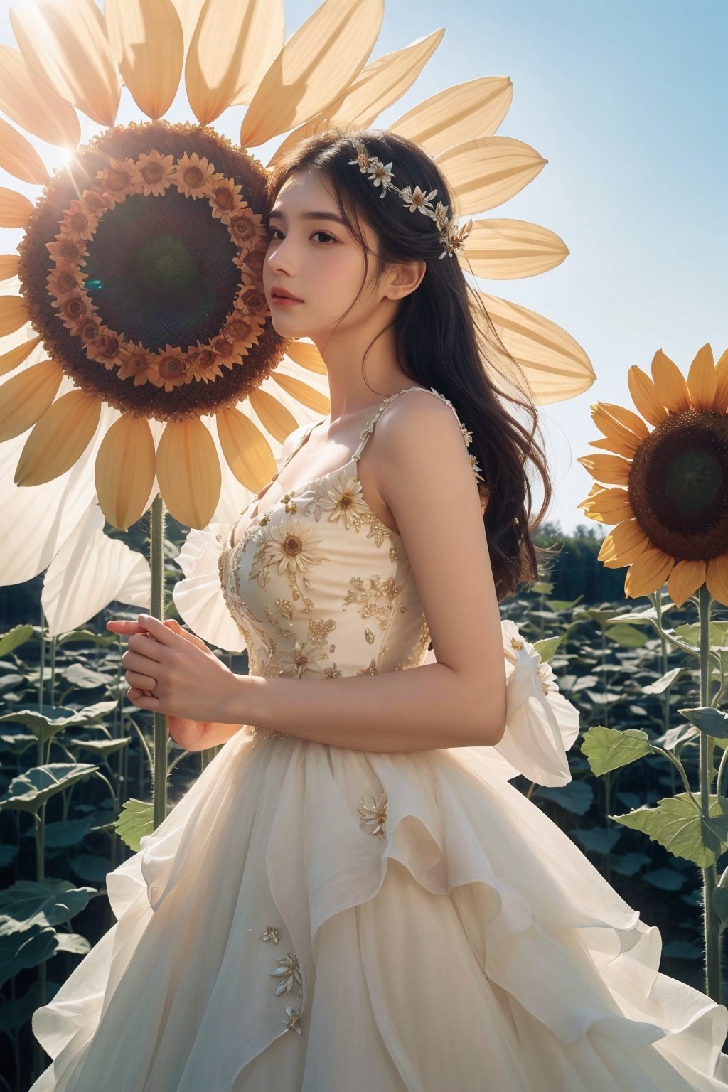  Bestquality, masterpiece, 1girl, beautiful_face, eyebrows_visible_through_hair, lily_\(flower\), dress, holding_flower, from_side, sparkling dress,A giant sunflower, Luminescence, Huge, Sunflower, Sunflower