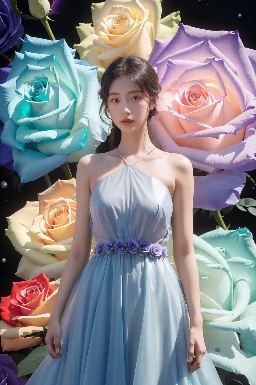  Masterpiece, a girl, shoulder off, glowing petals, multiple exposures, upper body photo, rose, rose, gem, glow, pearl, agate, emerald, emerald, giant purple rose, giant blue rose, giant rose, rose, purple rose, purple translucent dress, high definition, 32k