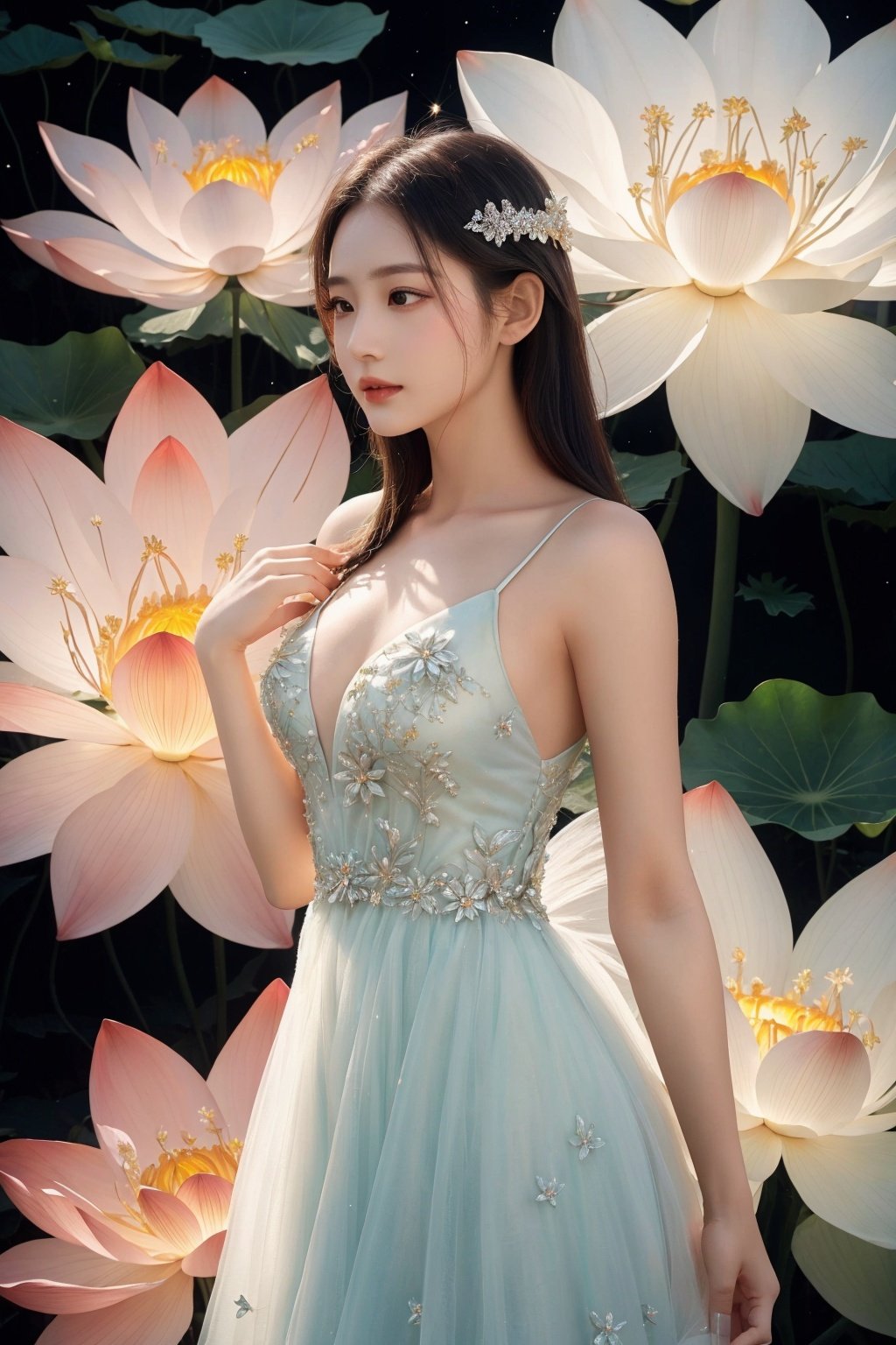  Bestquality, masterpiece, 1girl, beautiful_face, eyebrows_visible_through_hair, lily_\(flower\), dress, holding_flower, from_side, sparkling dress, A giant lotus, Lotus, Lotus, Luminescence, Huge