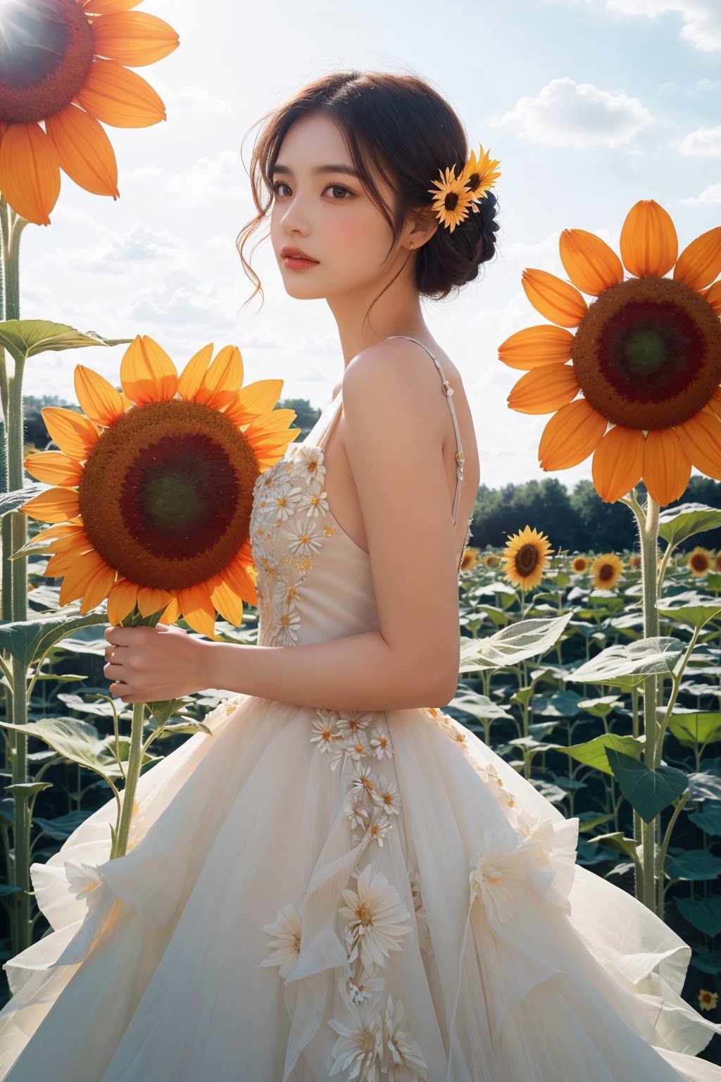  Bestquality, masterpiece, 1girl, beautiful_face, eyebrows_visible_through_hair, lily_\(flower\), dress, holding_flower, from_side, sparkling dressHuge colored sunflowers, Sunflower, Sunflower