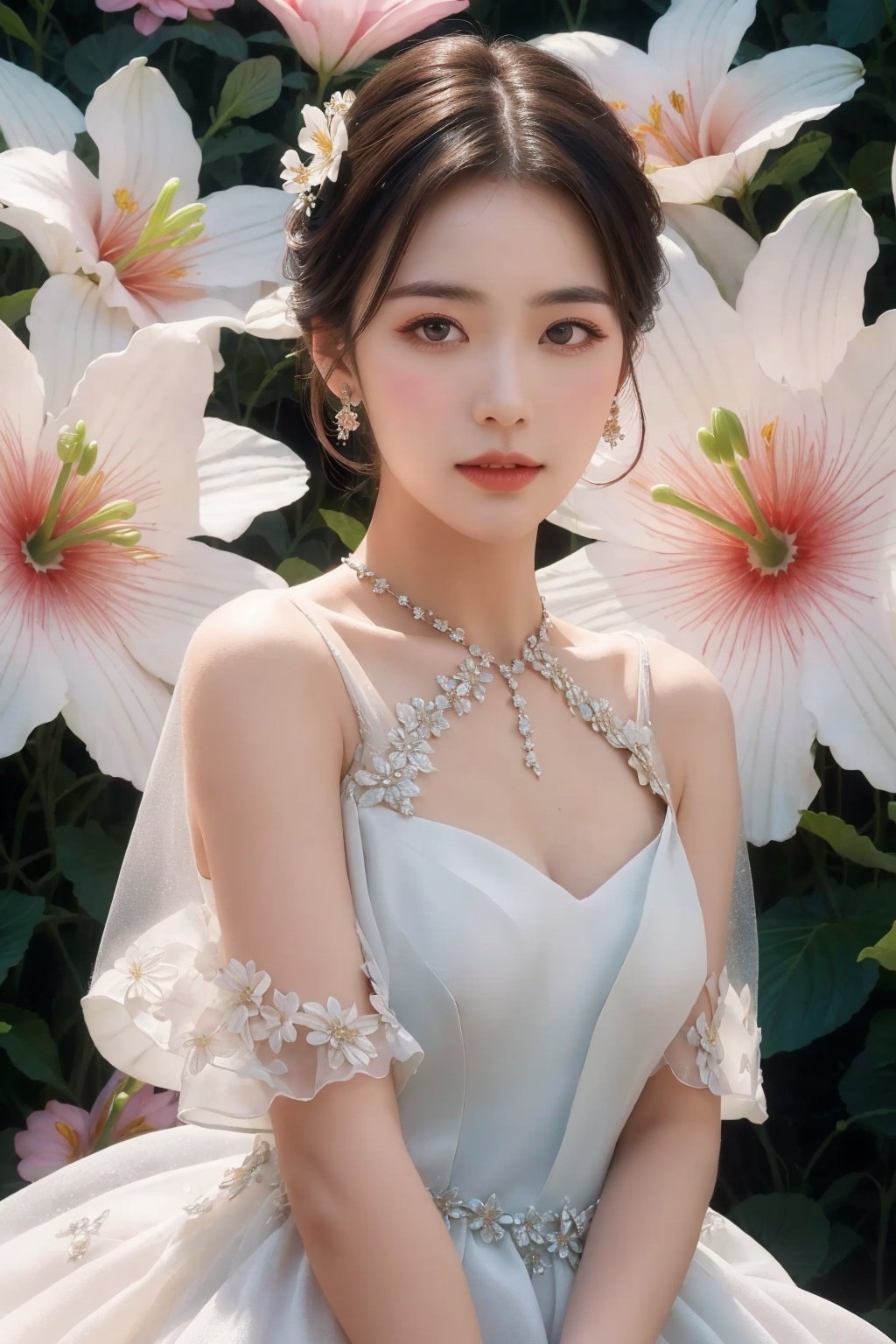  Bestquality, masterpiece, 1girl, beautiful_face, eyebrows_visible_through_hair, lily_\(flower\), dress, holding_flower, from_side, sparkling dress,