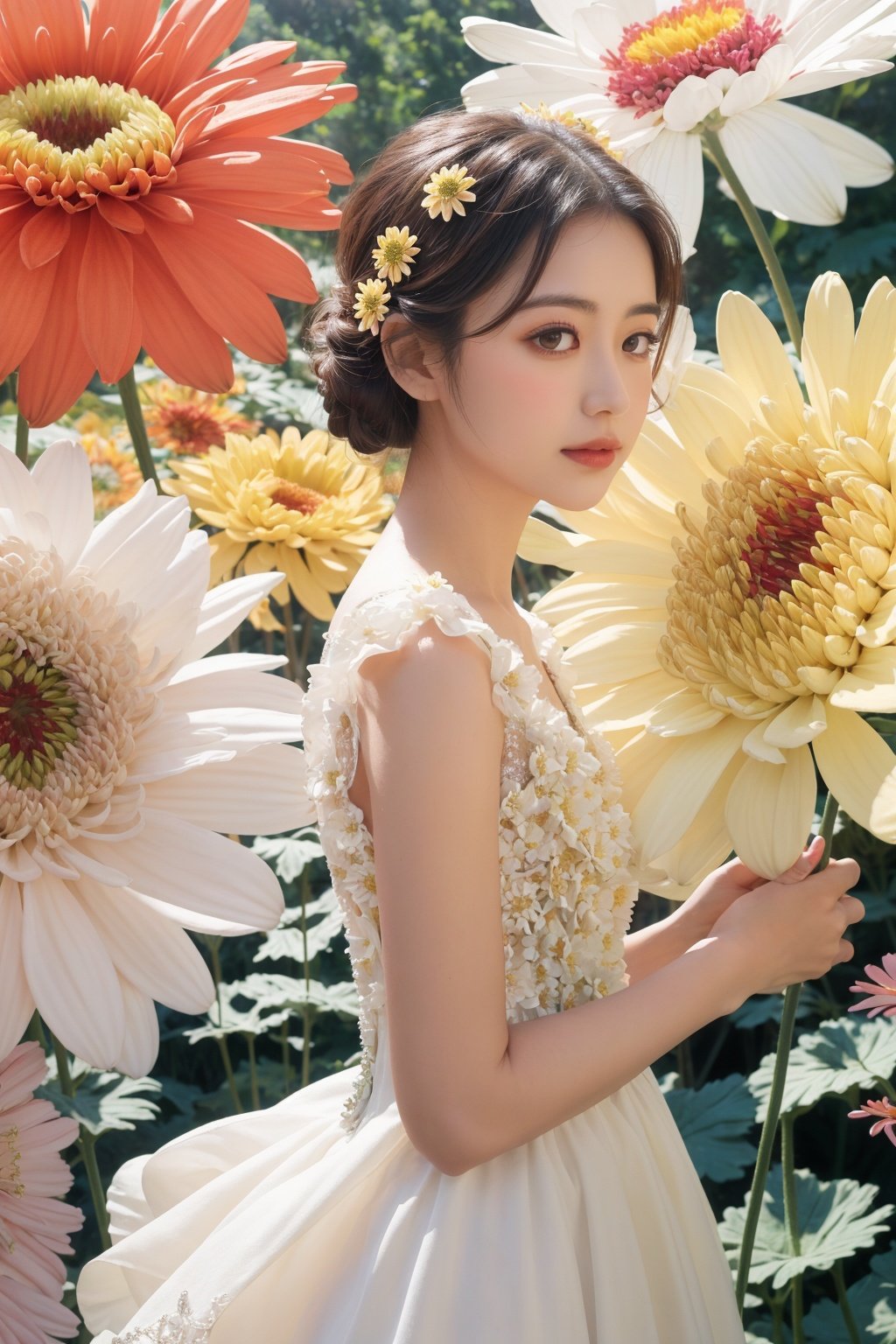  Bestquality, masterpiece, 1girl, beautiful_face, eyebrows_visible_through_hair, lily_\(flower\), dress, holding_flower, from_side, sparkling dress,Giant chrysanthemums, Chrysanthemum, Chrysanthemum