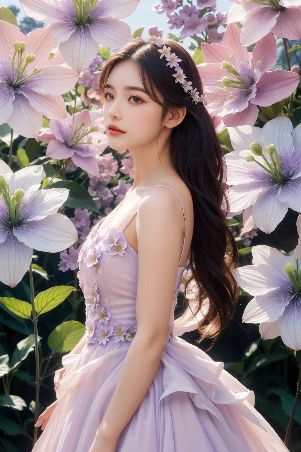  Bestquality, masterpiece, 1girl, beautiful_face, eyebrows_visible_through_hair, lily_\(flower\), dress, holding_flower, from_side, sparkling dress, Giant clove flower, Lilac flower, Lilac flower