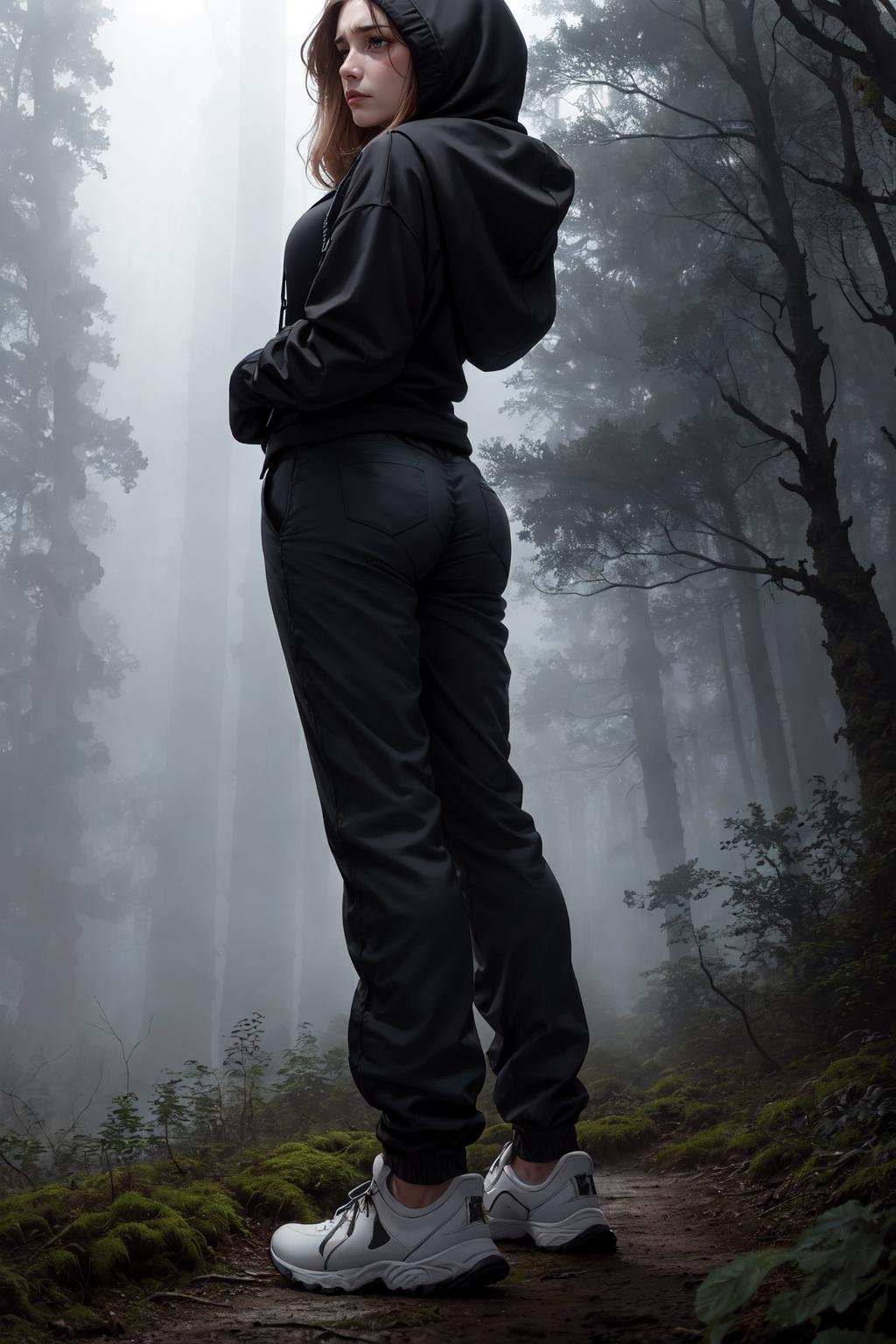 Ultra-realistic 8k CG, masterpiece, best quality, (photorealistic:1.4), absurdres, extremely detailed, real hair, ((gloomy forest scenery, heavy fog, night, stormy:1.3)),girl wearing black hoody and white jogging pants in the forest, from behind, over shoulder, low angle, ass focus,
