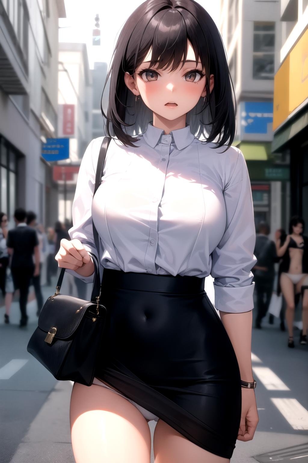 <lora:skirt_caught_on_object_v0.1:1> 1girl, pencil skirt, (panties, white panties:1.45), handbag, skirt caught on object, street,, masterpiece, best quality, highly detailed